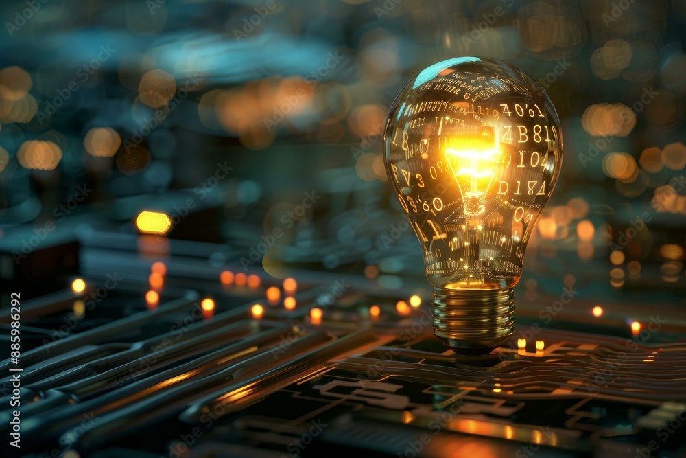 Poster lightbulb is shining brightly on a circuit board with numbers, symbolizing innovation in technology