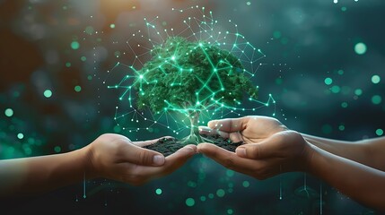 Two human hands holding young plant with digital wire frame line dots structure for futuristic innovation sustainable technology growth environmental development life concept.