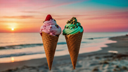 Colorful Ice Cream Cones with Strawberry, Mint, and Vanilla Flavors by the Beach at Sunset