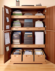A simple record keeping and archive, cabinet of folders in a large room with copy space

