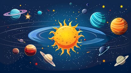 Colorful solar system cartoon with planets and stars in space For Space Education and Knowledge Concept.