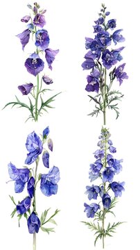Set of Aconitum Flower Watercolor Illustration on White Background