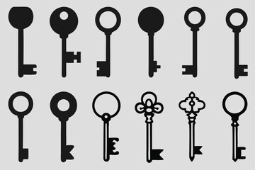 Set of Black Key Silhouettes - Door Keys Vector Icons on a White Background
