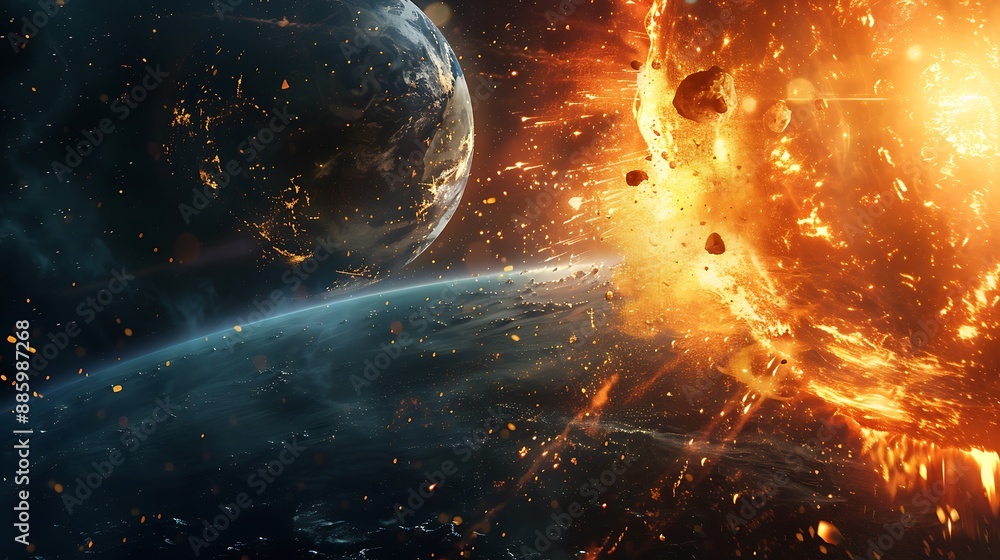 Poster fiery asteroid collision with a total catastrophic extinction of life for the concept of science kno