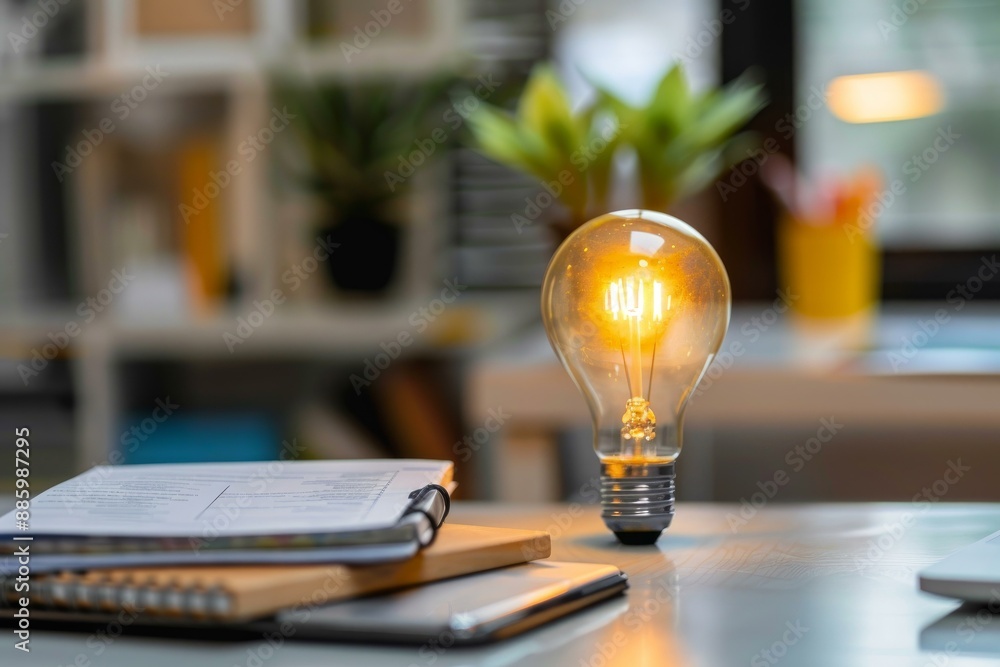 Poster light bulb is glowing on a desk with notebooks and a pen, symbolizing the generation of innovative i