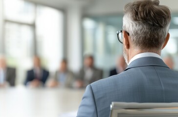 Senior executive in a business meeting viewed from behind, highlighting leadership and decision-making in a corporate environment.
