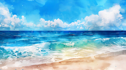Obraz premium Watercolor painting of blue sea and white sandy beach