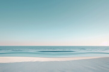 Serene beach scene with clear blue sky and turquoise ocean waves lapping onto the pristine white sandy shore under the bright sunshine.