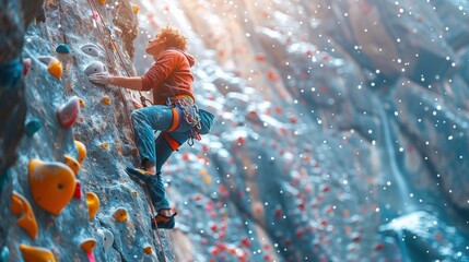 Adventurous climber scaling a colorful, snow-covered rock wall, reaching new heights in the winter wonderland. Energizing outdoor activity.
