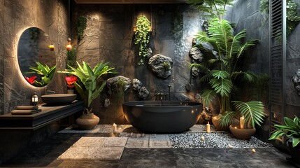 Modern Black Bathroom with Zen Stones and Boho Floral Decor