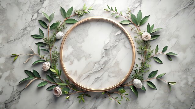 Abstract wallpaper design with marble circle frame, floral and leaves on grey background, , wallpaper, marble, circle, frame