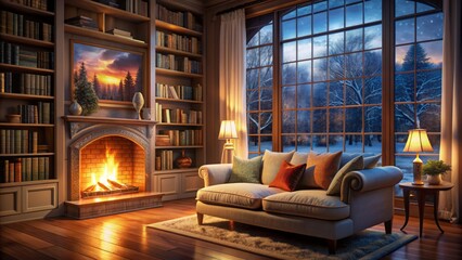 Cozy library ambiance with plush pillow sofa, warm fireplace glow, and serene nighttime window view in seamless looping animation.