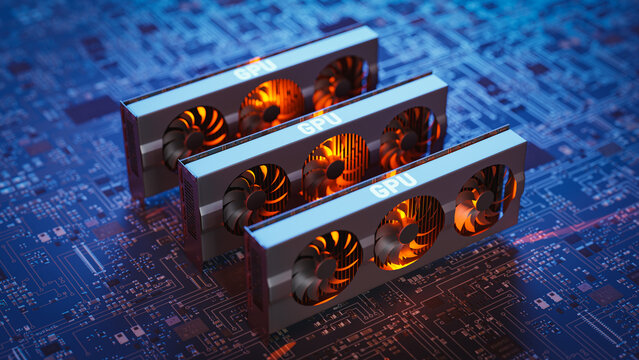 Graphics cards connected in parallel for AI calculations. 3d rendering