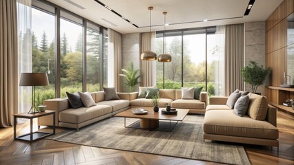 Elegant neutral-toned living room with sleek furniture, minimal decor, and expansive windows bathing the space in natural soft light.