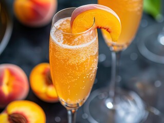 Bellini, closeup, peach slice, bubbly top, brunch cocktail, elegant presentation