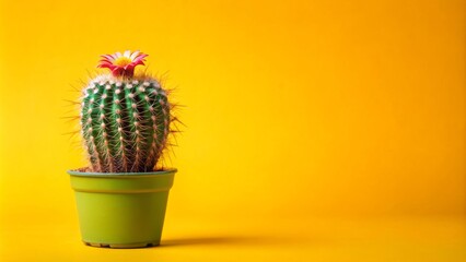 Vibrant green cactus in a small pot sits on a pastel yellow background surrounded by a tiny flower with copy space.