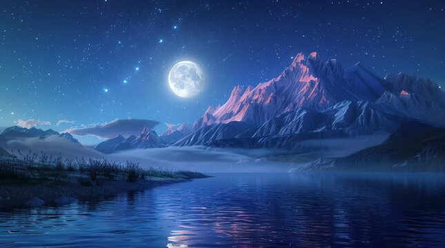 Lake by mountains in a fantasy night landscape, creating a magical and serene atmosphere under a starry sky.
 Seamless looping 4k time-lapse virtual video animation Generated AI