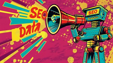 Colorful retro-style image featuring a robot holding a megaphone with "SEO," "Data," and "Analytics" text on a vibrant background