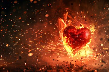 Fiery heart engulfed in flames and sparks, symbolizing intense passion, love, and energy against a dark background.