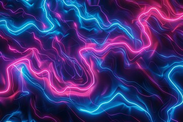 Abstract neon lights in pink and blue create an electrifying, fluid pattern on a dark background