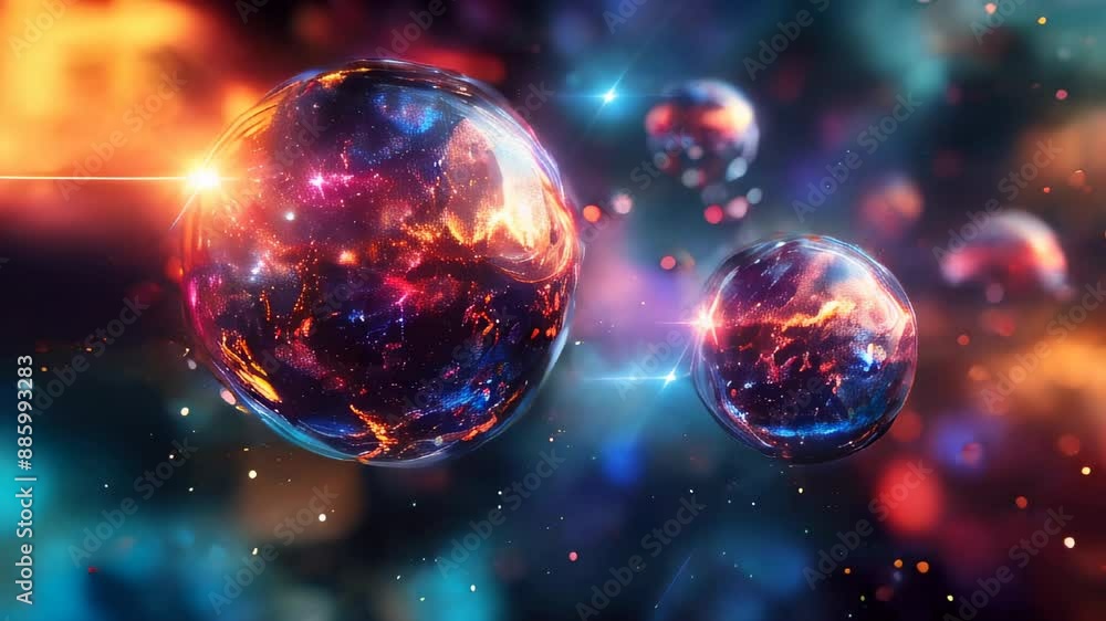 Poster colorful abstract bubbles floating in a cosmic space, creating a mesmerizing and otherworldly visual