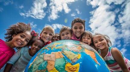 Fototapeta premium Diverse Group of Children Smiling and Holding a Globe Outdoors on a Sunny Day