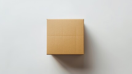 A closed, square cardboard box photographed from above, placed on a clean, white surface with shadows indicating lighting from the side