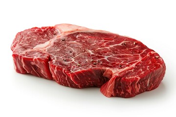 Fototapeta premium Close-up of a raw, marbled steak with visible fat lines, showcasing its fresh and high-quality meat texture on a white background