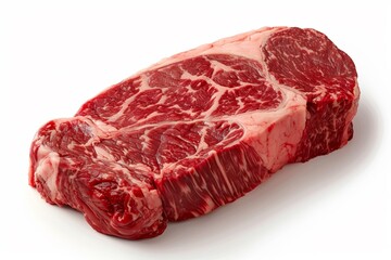 Fototapeta premium A close-up image of a raw, marbled ribeye steak, showcasing its rich texture and fat distribution
