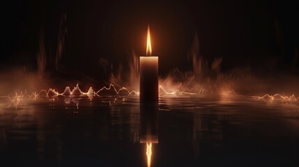 A single lit candle stands in the center of dark surroundings, with a warm glow reflecting off the surface below, creating a serene and tranquil ambiance