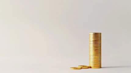A stack of gold coins stands tall with a few coins lying beside it on a plain background