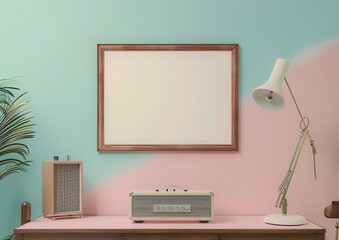 Frame mockup scene in retro style, pastel background, easy design insertion