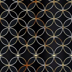 Fototapeta premium Seamless geometric pattern with interlocking circles in gold and white on a black background. Modern abstract design for wallpaper and fabric.
