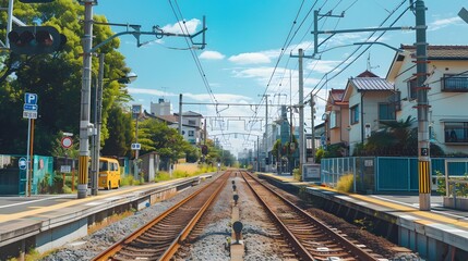 empty urban train station or railway line situated in what appears to be a city