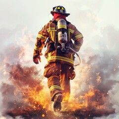 Firefighter in uniform backview running towards safe area from fire