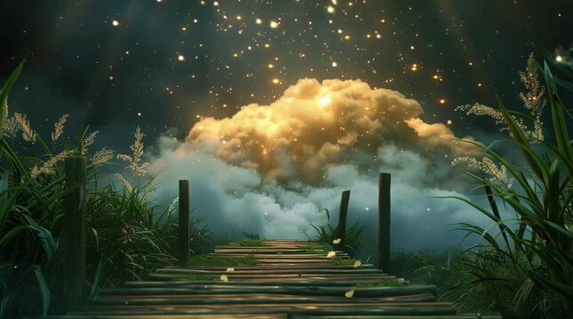 Fantasy wooden bridge under a starry night sky, creating a magical and enchanting scene with celestial beauty.
 Seamless looping 4k time-lapse virtual video animation Generated AI