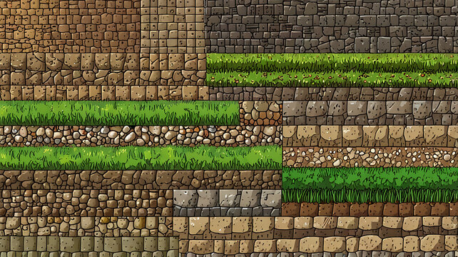 Pixel art textures for various ground surfaces such as grass, dirt, sand, and stone, each with distinctive patterns and details.
