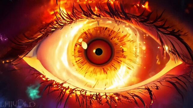 Intense golden eye radiates fiery energy. Macro view captures swirling embers and sparks erupting from the iris, creating a mesmerizing display of ethereal flames against a dark, cosmic backdrop.	