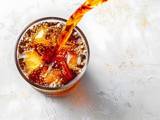 Fototapeta premium Pouring Cola Beverage with Transparent Glass and Ice Cubes on Textured Background