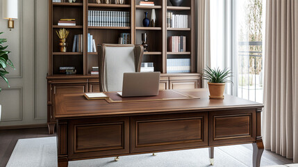 elegant home office with a large wooden desk and a comfortable, stylish chair. The desk is neatly organized with a laptop, a notebook, and a potted plant