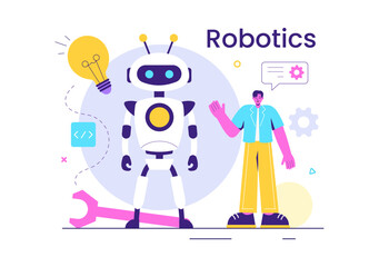 Robotics Vector Illustration of Artificial Intelligence Robots Communicating with Technology and Engineering, Featuring a Light Bulb and Gears
