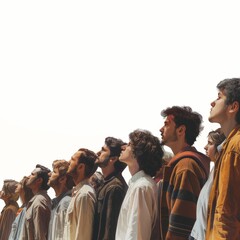 crowd of people looking up in amazement while walking left to right, right to left. Side way view, white background