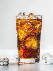 Stylish Chilled Cola Drink in a Clear Glass with Ice Cubes