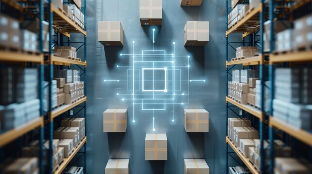 An overhead view of a warehouse with AI-driven systems efficiently categorizing and locating products for quick retrieval