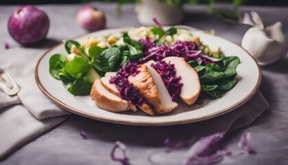 Baked turkey breast with red cabbage salad, spinach, apples. Proper nutrition.
