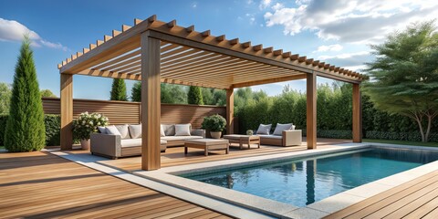 Modern wooden pergola with outdoor seating area and pool , modern, wooden, pergola, outdoor, seating, area, pool