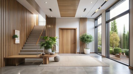 Fototapeta premium Serene entrance hall with minimalist decor and wooden accents, serene, entrance hall, minimalist, decor, wooden