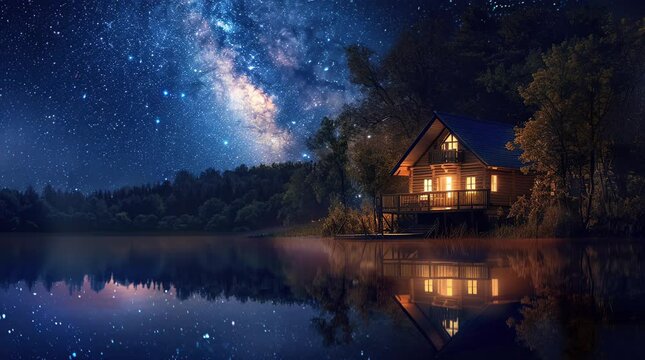 Glowing wooden house by a lake under a starry night sky, creating a magical and serene nighttime landscape with celestial beauty.
  Seamless looping 4k time-lapse virtual video animation Generated AI