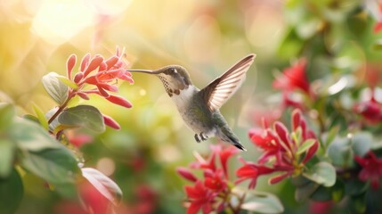 Fototapeta premium A close-up macro shot of a hummingbird in mid-flight, sipping nectar from a bright red flower with the morning sunlight highlighting its iridescent feathers