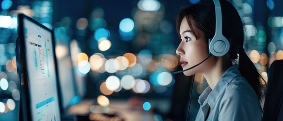 A call center agent on a night shift, taking calls with the glowing city skyline visible in the background